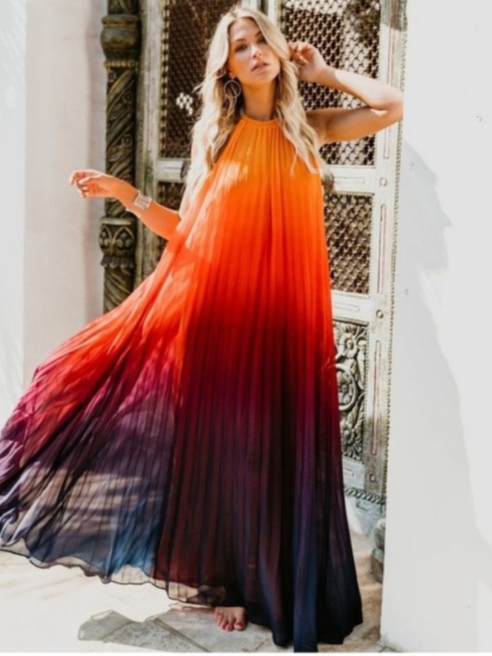 ChicWish Ombre Gradient Sunset Halter Pleated Maxi Dress Size M/L - Picture 3 of 11